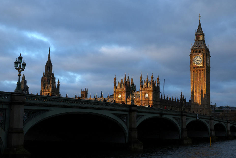 FILE PHOTO: The Elizabeth Tower, more commonly known as Big Ben, and the Houses of Parliament are lit up by morning sun in London, Britain, February 5, 2024. REUTERS/Toby Melville/File Photo