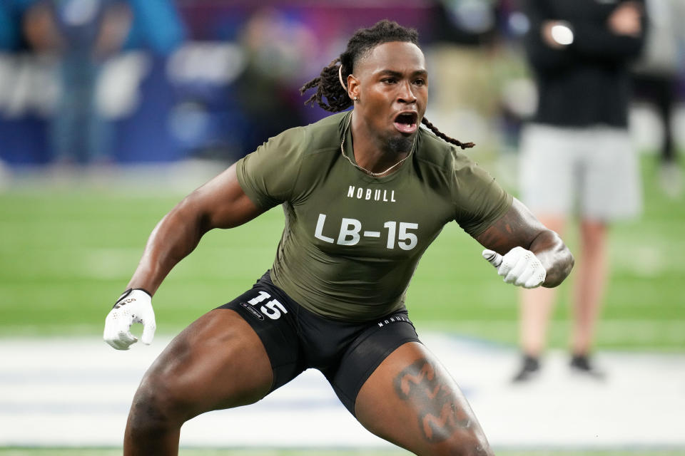 Mar 2, 2023; Indianapolis, IN, USA; Indiana linebacker Cam Jones (LB15) participates in drills during the NFL Combine at Lucas Oil Stadium. Mandatory Credit: Kirby Lee-USA TODAY Sports