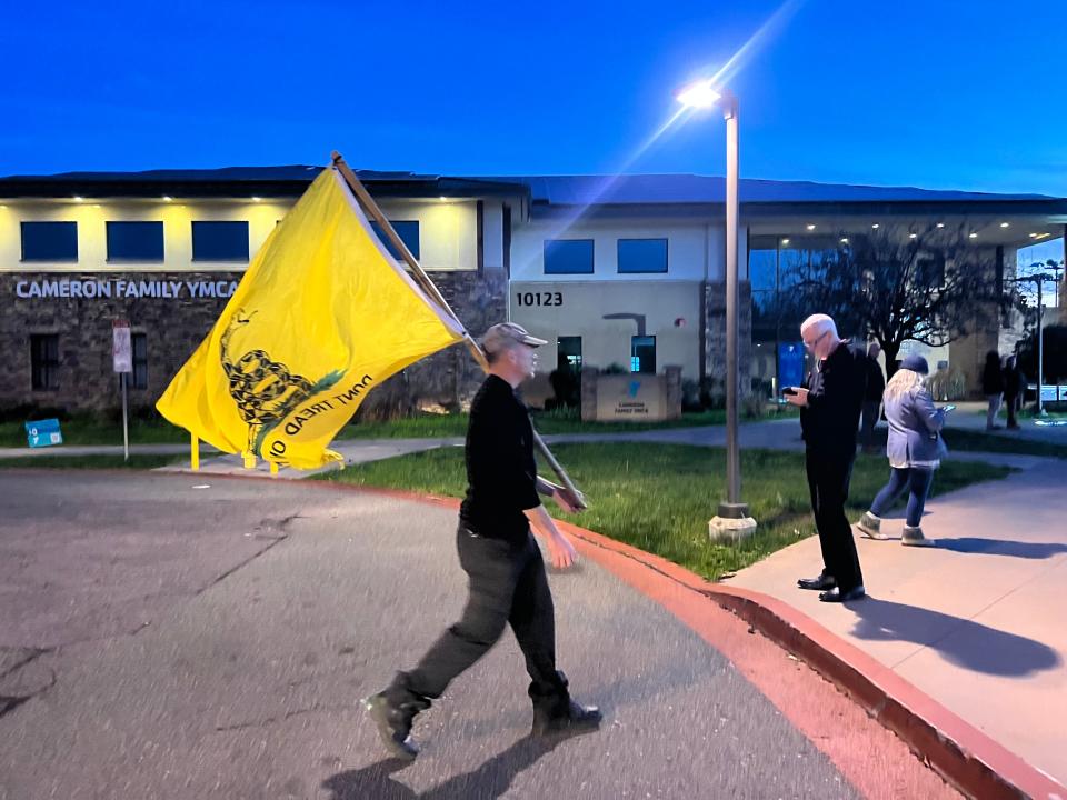 A man attends a rally in Santee, California, Jan. 18, 2023. It was sparked by complaints about a transgender woman using a locker room at the Santee YMCA.