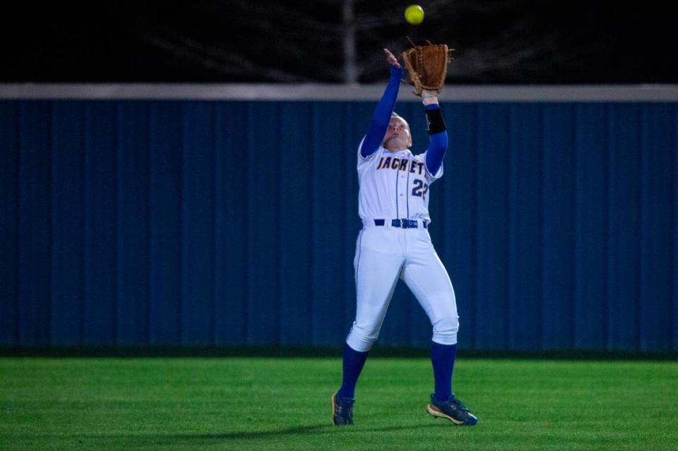 St. Martin’s Autumn Johnson catches a ball in the outfield during a game against George County at St. Martin High School in Ocean Springs on Monday, March 20, 2023. Hannah Ruhoff/Sun Herald