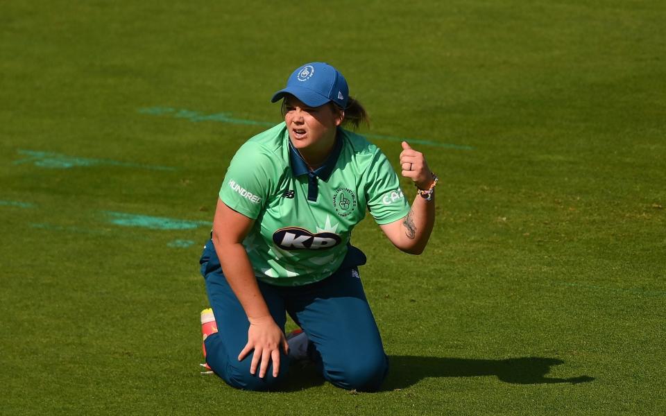 Dane van Niekerk of Oval Invincibles reacts during The Hundred match between London Spirit Women and Oval Invincibles Women at Lord's Cricket Ground on August 27, 2022 in London, England. - ECB