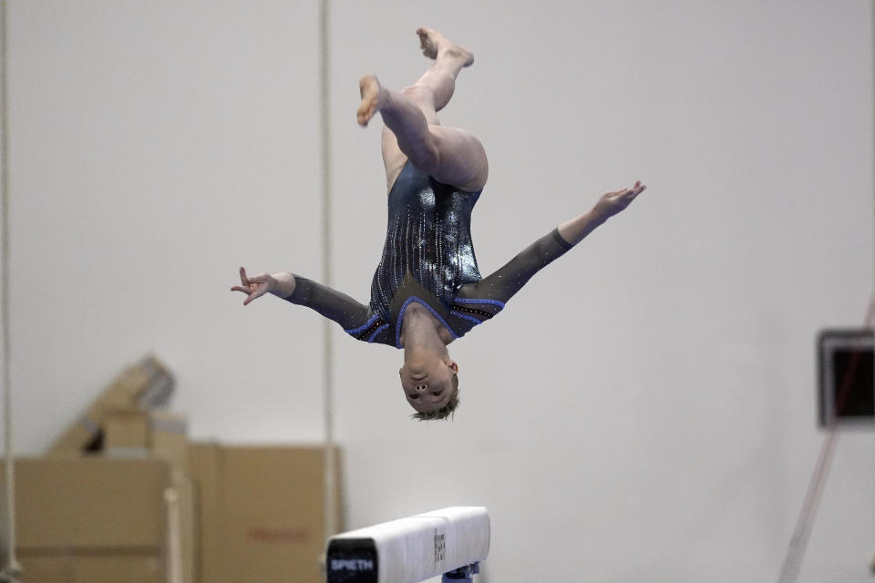 Jade Carey competes on the balance beam at the American Classic Saturday, April 27, 2024, in Katy, Texas. (AP Photo/David J. Phillip)