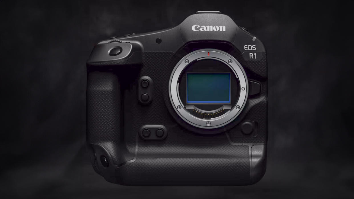  Canon EOS R1 against a black smokey background. 