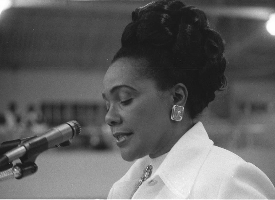 Close-up of American Civil Rights leader Coretta Scott King (1927 - 2006) as she speaks at Mason Temple, Church of God, 9 years after Dr. King's murder, Memphis, TN, 1977. She had vowed never to return to Memphis after her husband's murder but did so in support of striking workers during the bitter Memphis furniture strike of 1977. (Photo by Robert Abbott Sengstacke/Getty Images)