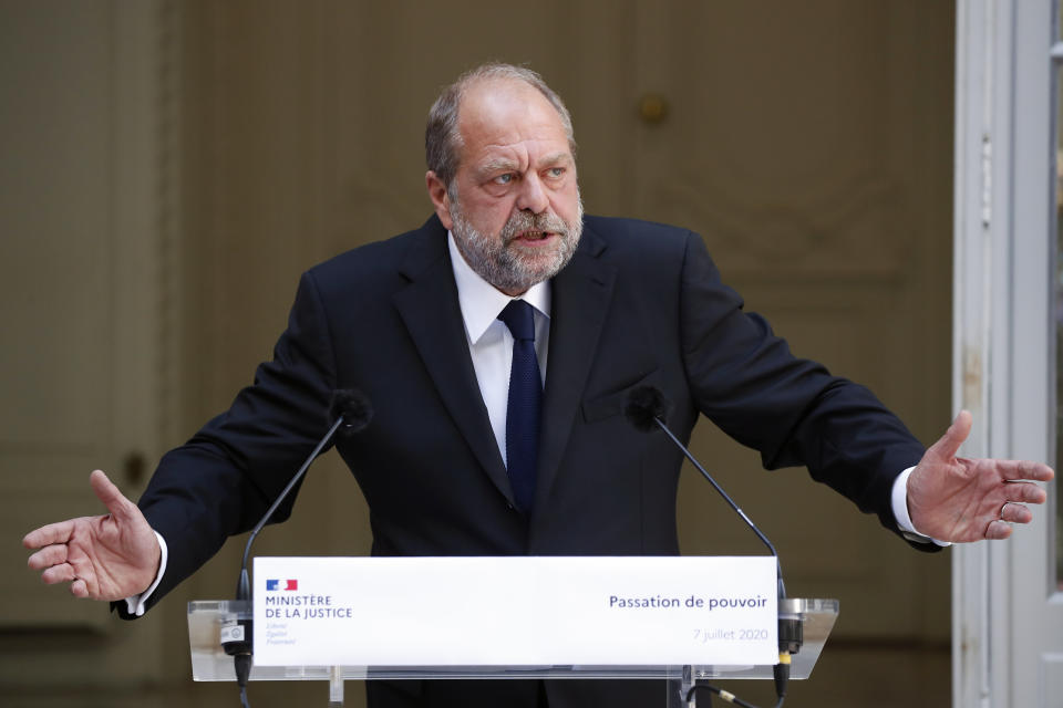 New French Justice Minister Eric Dupond-Moretti delivers his speech during a handover ceremony with outgoing Justice Minister Nicole Belloubet at the Ministry of Justice in Paris, France, Tuesday July 7, 2020. Lawyer Dupond-Moretti has been appointed as the new Justice Minister after the government of Edouard Philippe had resigned on July 3, 2020, prompting a government and cabinet reshuffle. (AP Photo/Francois Mori)