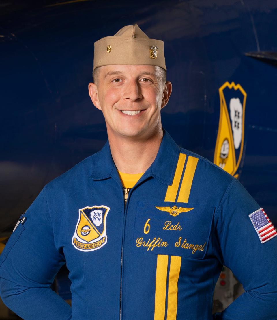 Lieutenant Commander Griffin Stangel is the opposing solo and the pilot of the No. 6 jet for the 2023 Blue Angels team.