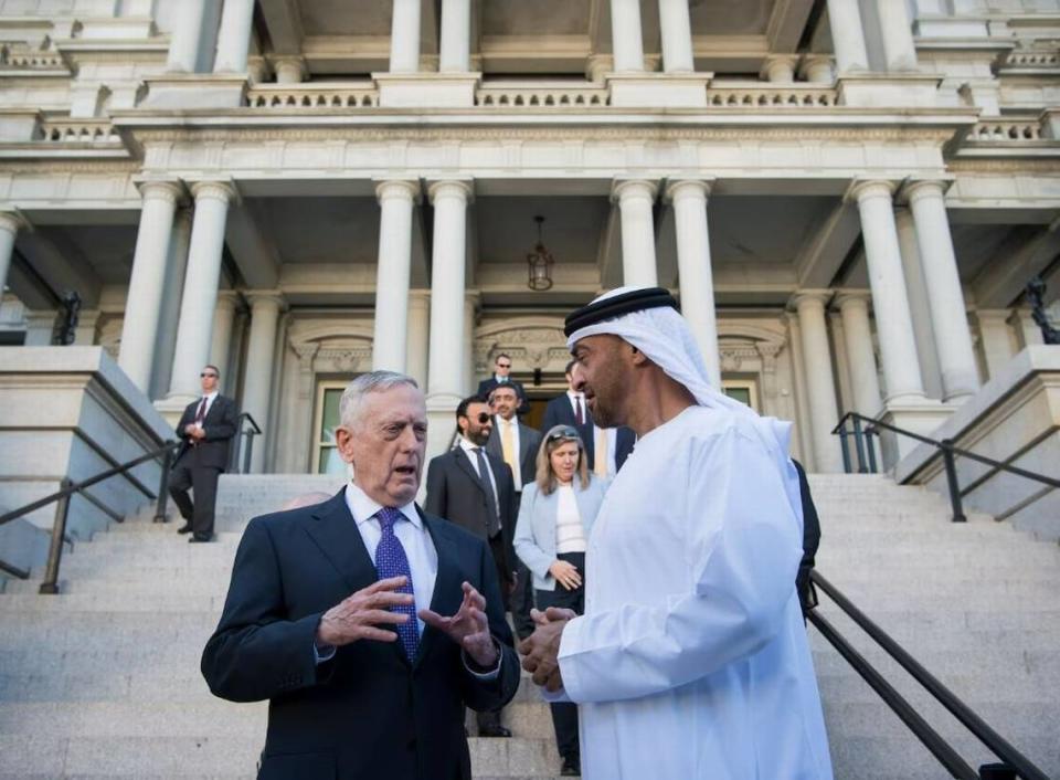 Mattis meets with Sheikh Mohamed bin Zayed al-Nahyan in 2017 at the Eisenhower Executive Office Building in Washington. The men bonded in the aftermath of the Arab Spring in 2011, when Mattis was serving as head of U.S. Central Command, overseeing all U.S. forces in the Middle East. Tech. Sgt. Brigitte Brantley/Office of the Secretary of Defense Public Affairs