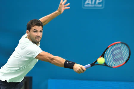 Tennis - Stockholm Open - Men Semi-Final - Royal Tennis Hall, Stockholm, Sweden - October 22, 2017. Grigor Dimitrov of Bulgaria returns to Juan Martin Del Potro of Argentina. TT News Agency/Claudio Bresciani/via REUTERS