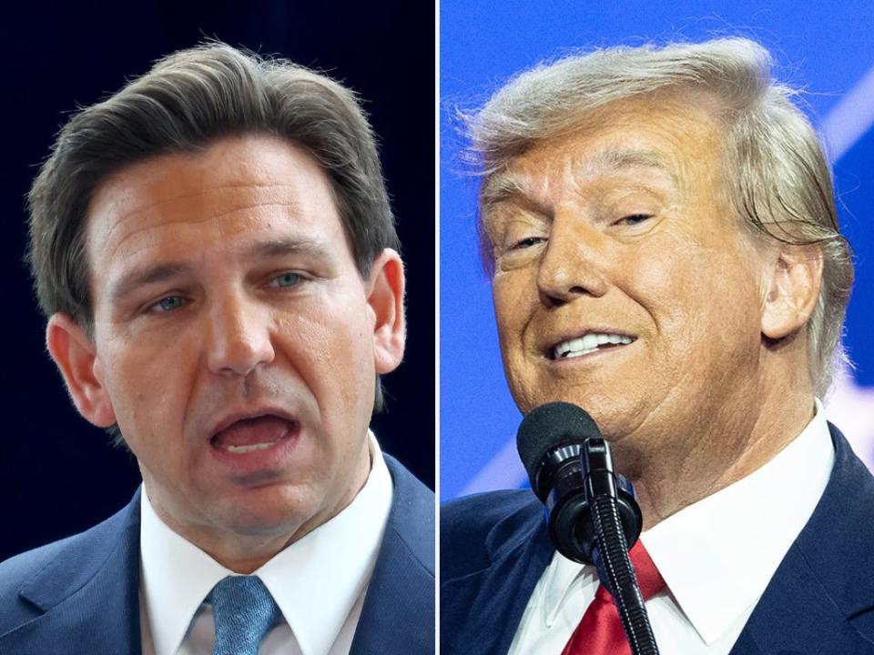 Ron DeSantis (left) and Donald Trump. DeSantis looks serious, and is wearing a blue tie. Trump is smiling in a red tie.