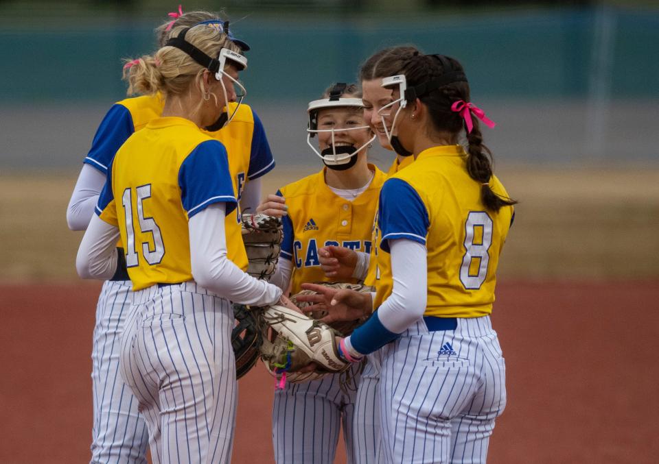 Castle plays Pike Central during the Castle Softball Invitational presented by Peoples Bank at Deaconess Sports Park in Evansville, Ind., Friday, April 5, 2024.