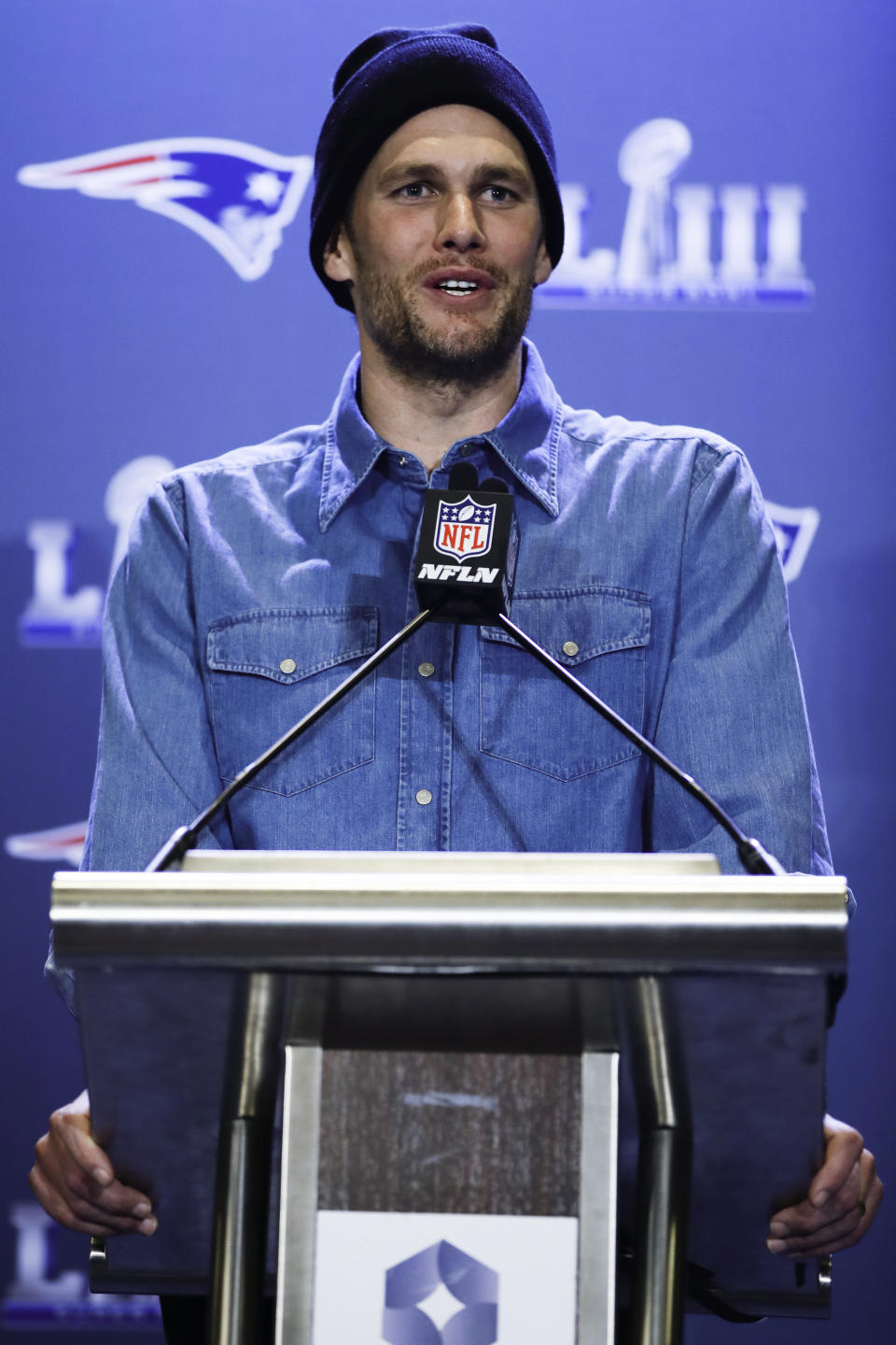 New England Patriots quarterback Tom Brady speaks with members of the media during a news conference Thursday, Jan. 31, 2019, ahead of the NFL Super Bowl 53 football game against Los Angeles Rams in Atlanta. (AP Photo/Matt Rourke)