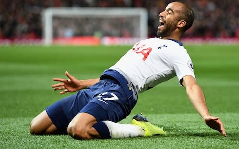 Lucas Moura of Tottenham celebrates after scoring his team's second goal against Manchester United - Credit: Clive Mason/Getty Images