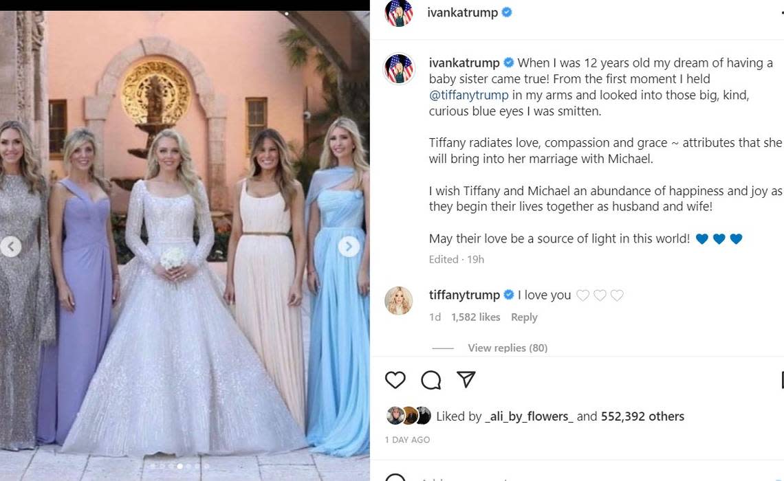 From left to right: Lara Trump, mother of the bride Marla Maples, bride Tiffany Trump, former first lady Melania Trump and Ivanka Trump./Instagram screenshot