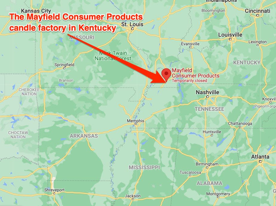 Map of where the candle factory in Kentucky is