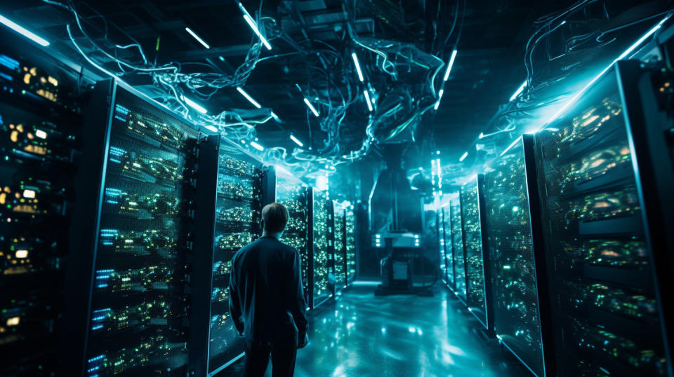 A bustling server farm, reflecting the company's investment into cryptocurrency mining.