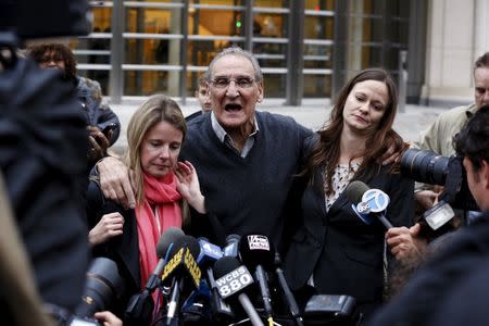 Reputed Bonanno crime family leader Vincent Asaro (C) speaks to the media as he departs Brooklyn Federal Court in New York November 12, 2015. REUTERS/Lucas Jackson