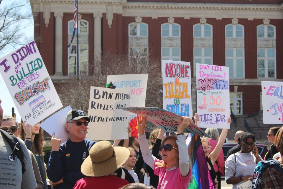 Members and advocates for transgender rights protested outside the Missouri State Capitol in Jefferson City on March 29, 2023.