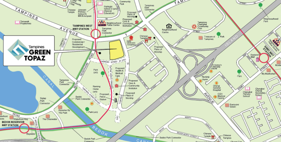 Location of the Tampines GreenTopaz HDB BTO June 2024 flats, bounded by Tampines Avenue 1, Tampines Street 92, and Tampines Street 94 (u/c). Source: HDB