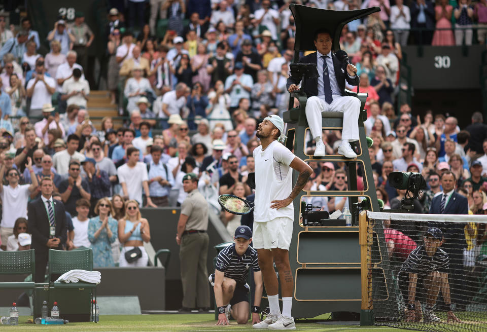 Nick Kyrgios (pictured) looks relieved after the Wimbledon crowd applaud him for winning the Wimbledon quarter-final.