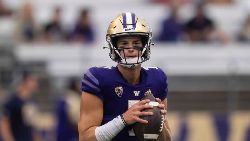 Washington quarterback Sam Huard is pictured before a game against Kent State on Saturday, Sept. 3, 2022, in Seattle. Huard, who played last season at Cal Poly, is transferring to Utah.