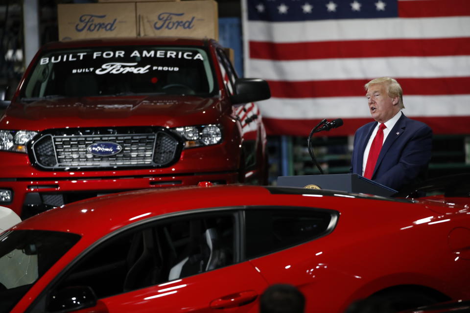 FILE - President Donald Trump speaks at Ford's Rawsonville Components Plant that has been converted to making personal protection and medical equipment, Thursday, May 21, 2020, in Ypsilanti, Mich. Former President Donald Trump will skip the second GOP presidential debate next week to travel to Detroit as the auto worker strike enters its second week. (AP Photo/Alex Brandon, File)