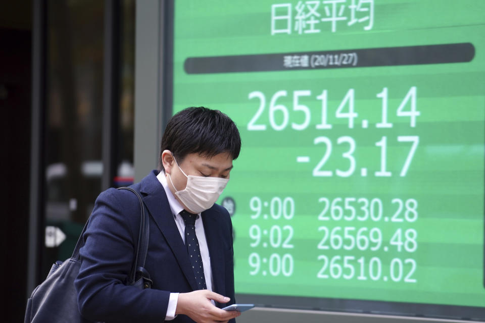 A man wearing a protective face mask to help curb the spread of the coronavirus walks past an electronic stock board showing Japan's Nikkei 225 index at a securities firm Friday, Nov. 27, 2020, in Tokyo. Asian stock markets declined Friday as questions about the effectiveness of one possible coronavirus vaccine weighed on investor optimism. (AP Photo/Eugene Hoshiko)