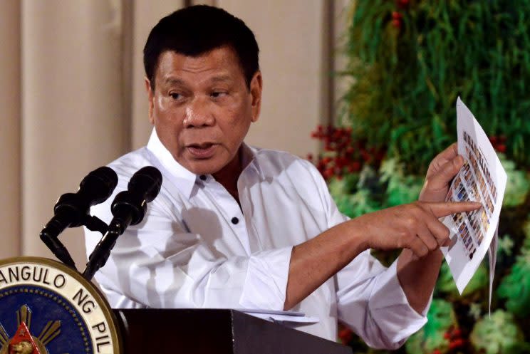 Philippine President Rodrigo Duterte delivers a speech at the Malacanang Palace in Manila, Philippines.