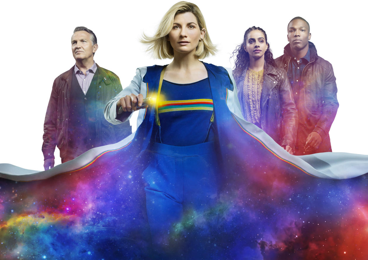 Graham (BRADLEY WALSH), The Doctor (JODIE WHITTAKER), Yaz (MANDIP GILL), Ryan (TOSIN COLE) - (BBC Studios/Alan Clarke)