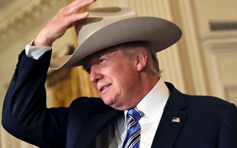 U.S. President Donald Trump wears a cowboy hat as attends a "Made in America" products showcase event at the White House  - Credit: Reuters