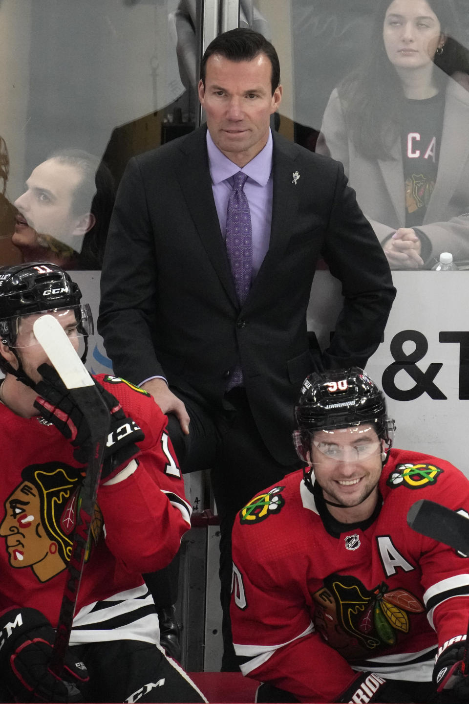 Chicago Blackhawks head coach Luke Richardson watches his team during the second period of an NHL hockey game against the Vancouver Canucks in Chicago, Sunday, March 26, 2023. (AP Photo/Nam Y. Huh)
