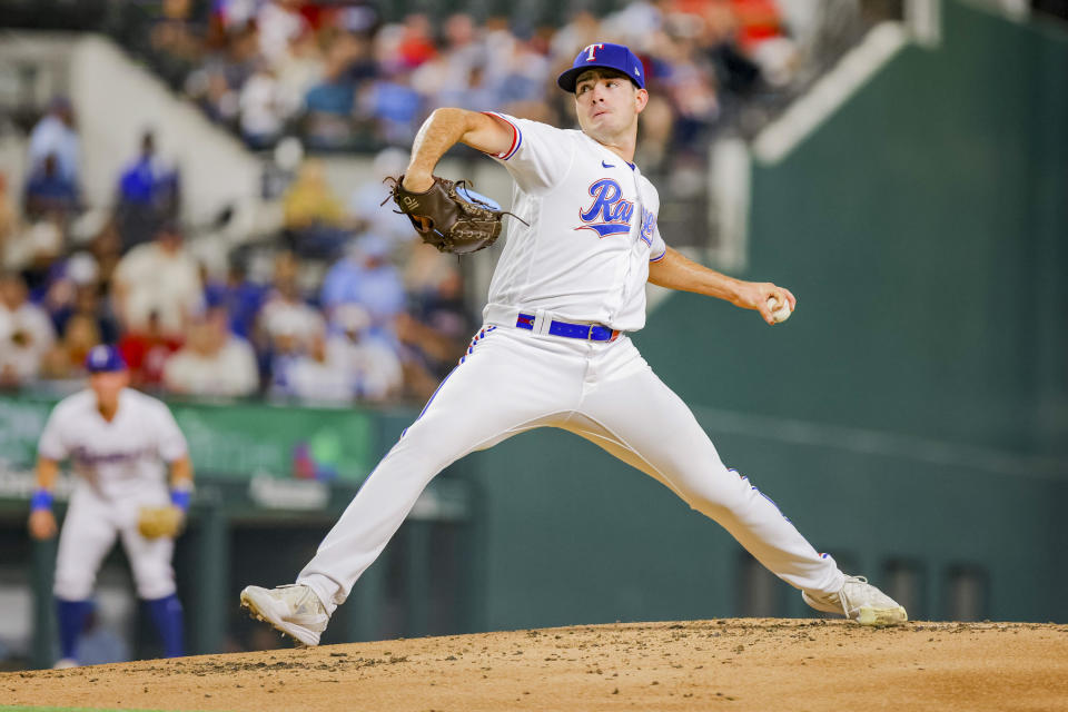 Texas Rangers pitcher Cody Bradford delivers during the top of the second inning of a baseball game against the Atlanta Braves in Arlington, Texas, Monday, May 15, 2023. (AP Photo/Gareth Patterson)