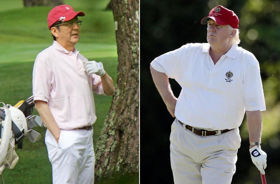 FILE - This combination file photo shows Donald Trump, right, stands on the 14th fairway during a pro-am round of the AT&T National golf tournament at Congressional Country Club in Bethesda, Md. on June 27, 2012, and Japanese Prime Minister Shinzo Abe, left, playing golf in Yamanakako village, west of Tokyo, on July 23, 2016. If they stick to schedule, Abe and Trump will spend more time on the fairway than at the White House. After facing off on some divisive issues in Washington on Friday, Feb. 10, 2017, they are jetting to Florida, where they will turn to something they have in common on Saturday: a love of golf. (AP Photo/Patrick Semansky, right, Kyodo News via AP, left, File)