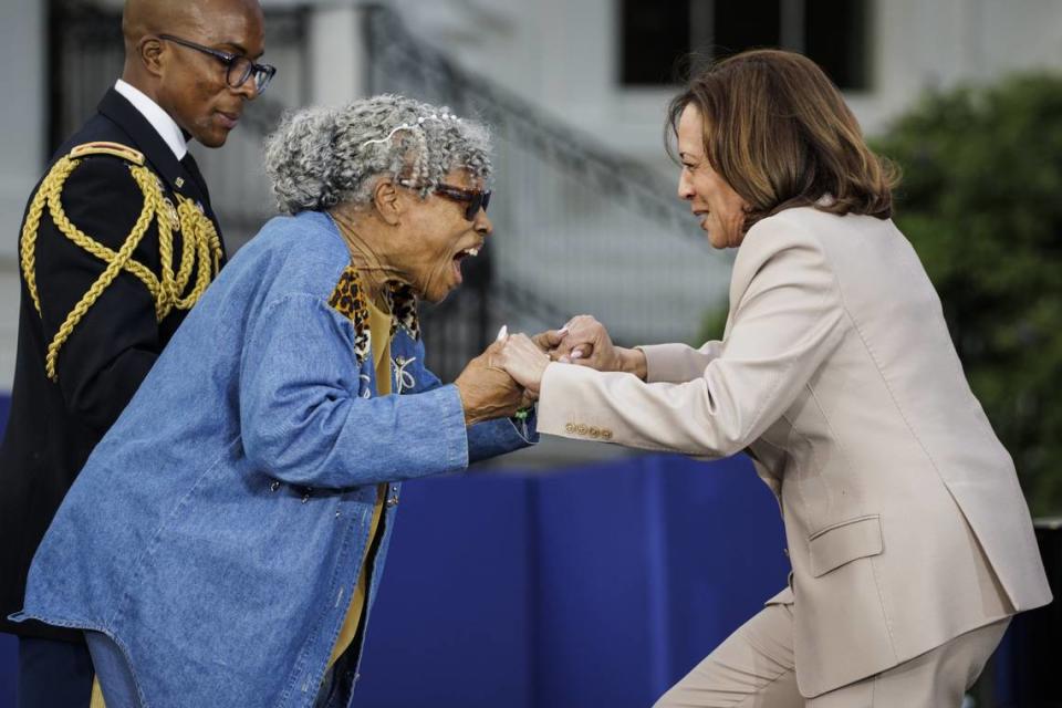 Vice President Kamala Harris recognizes Opal Lee, also known as the Grandmother of Juneteenth, during a Juneteenth concert on the South Lawn of the White House on June 13 in Washington, D.C. Juneteenth celebrates the emancipation of enslaved African Americans on June 19th and was declared a federal holiday in 2021 by President Joe Biden.