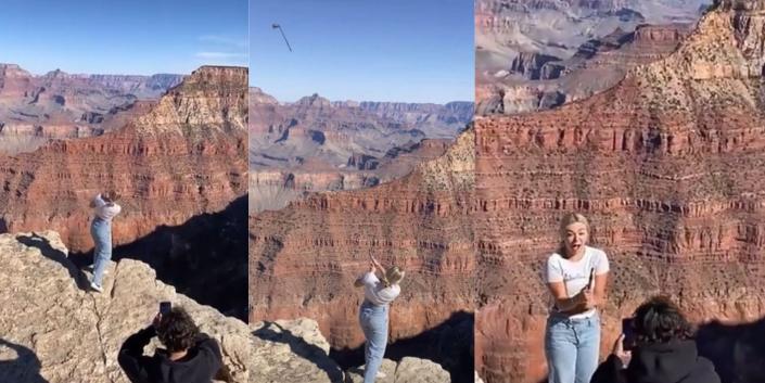 girl hitting golf balls in the grand canyon