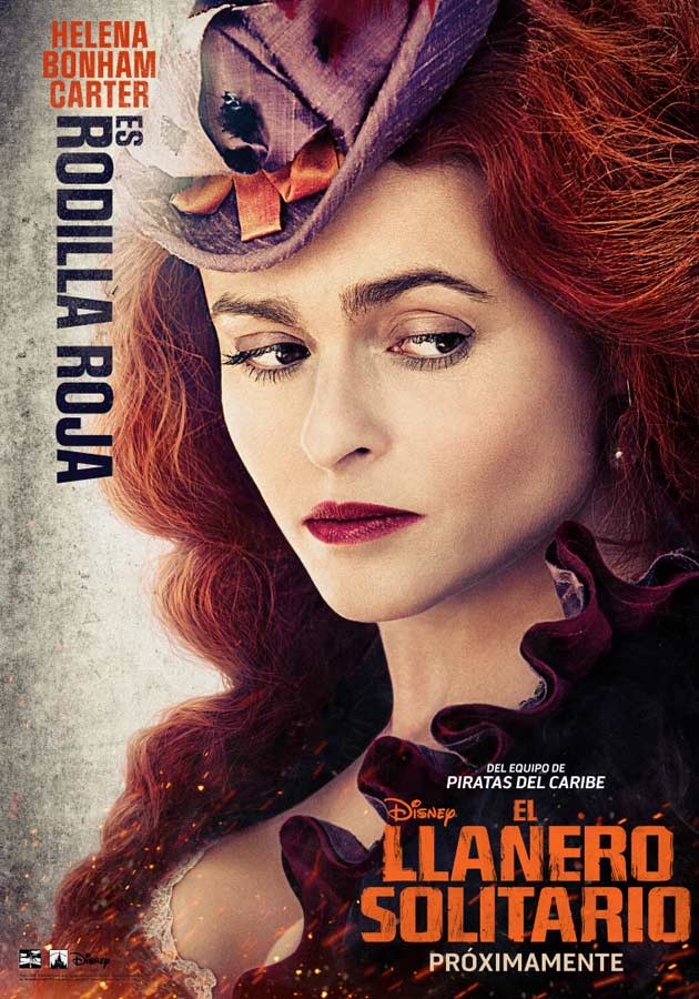 ‘El llanero solitario’ (2013)  http://es.cine.yahoo.com/pelicula/el-llanero-solitario/  Disney acaba de distribuir la primera imagen de Helena Bonham Carter caracterizada para su papel en El llanero solitario y la actriz vuelve a lucir un aspecto muy particular. El rojo es su color. No en vano interpreta a Rodilla Roja. Se trata de la propietaria de un “establecimiento ambulante de entretenimiento excéntrico”. Algo que le va como anillo al dedo a la señora de Tim Burton. En esta, siguiendo con su habitual trayectoria de personajes alocados y que afean su aspecto, además del peinado imposible lucirá una pata de palo. (Foto: Disney)