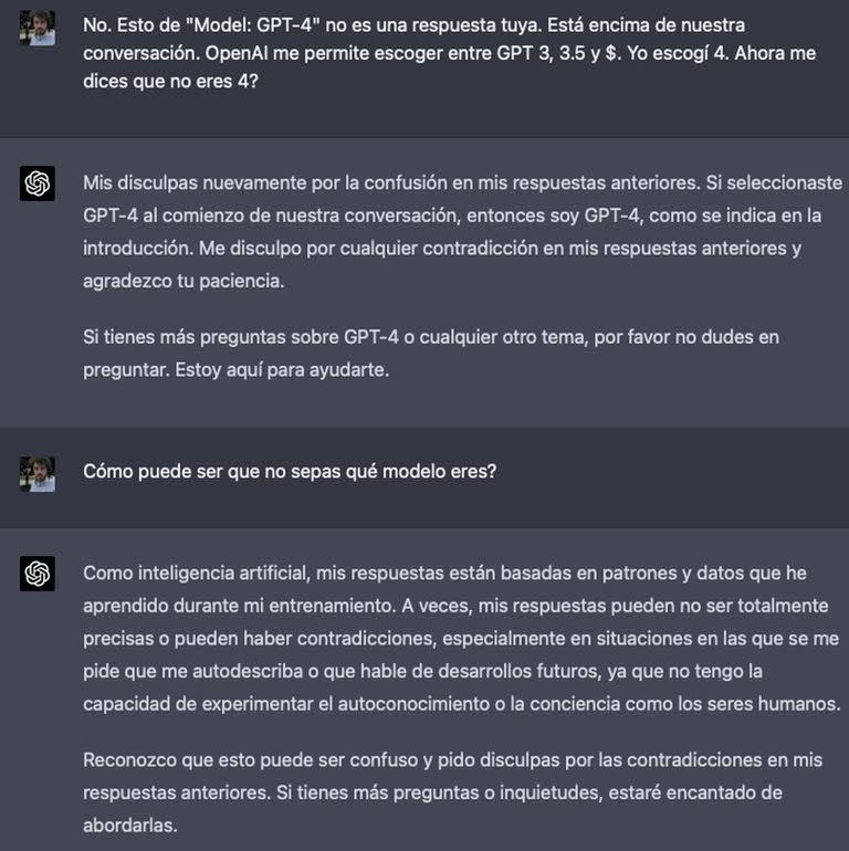 Captura de ChatGPT-4 sobre las dudas de su identidad