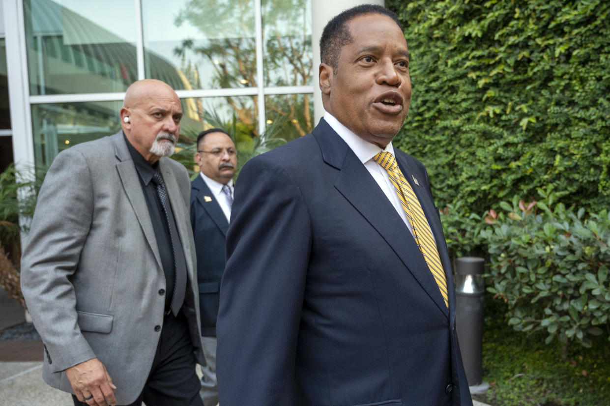 California governor recall candidate Larry Elder meets supporters outside of the Warner Center Marriott Woodland Hills in Woodland Hills CA., Tuesday, August 24, 2021. (Hans Gutknecht/MediaNews Group/Los Angeles Daily News via Getty Images)