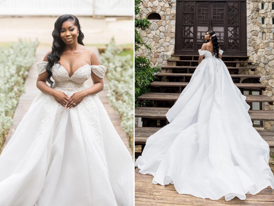 A front-and-back shot of a bride wearing a strapless wedding dress with a full skirt.