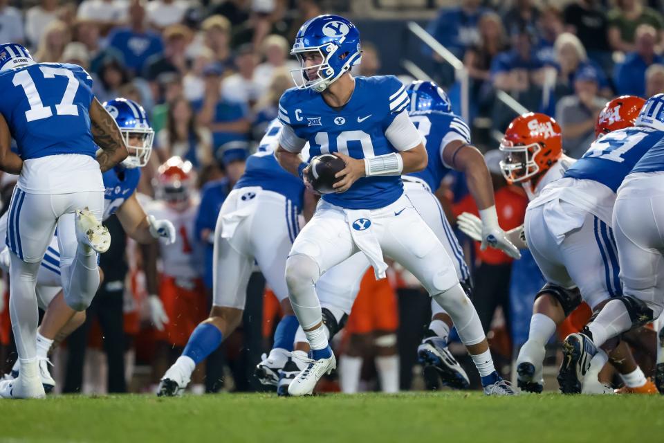 BYU quarterback Kedon Slovis (10) drops back during the game against the Sam Houston Bearkats at LaVell Edwards Stadium in Provo on Saturday, Sept. 2, 2023. | Spenser Heaps, Deseret News