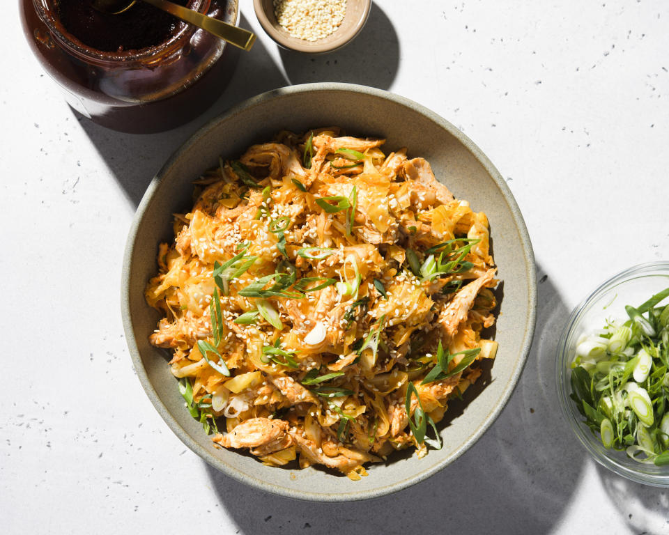 This image released by Milk Street shows a recipe for cabbage and chicken salad with gochujang and sesame. (Milk Street via AP)