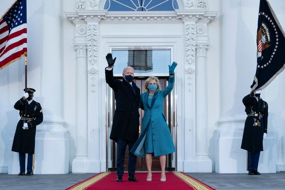 President Joe Biden and first lady Jill Biden arrive at the White House on Inauguration Day, Jan. 20, 2021.