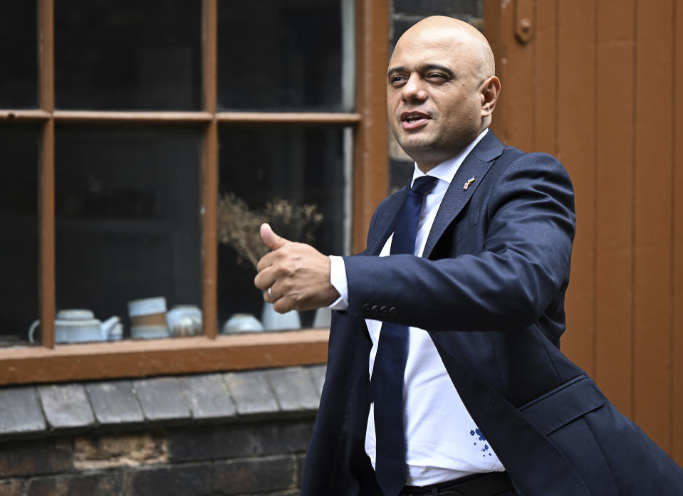 FILE - Britain's Health Secretary Sajid Javid arrives for a Cabinet meeting at a pottery in Stoke-on-Trent, England, Thursday, May 12, 2022. The contest to succeed British Prime Minister Boris Johnson has no single frontrunner but there are many prominent contenders. Javid, 52, also resigned Tuesday, July 5 declaring “enough is enough” and that “the problem starts at the top.”(Oli Scarff/Pool Photo via AP, File)