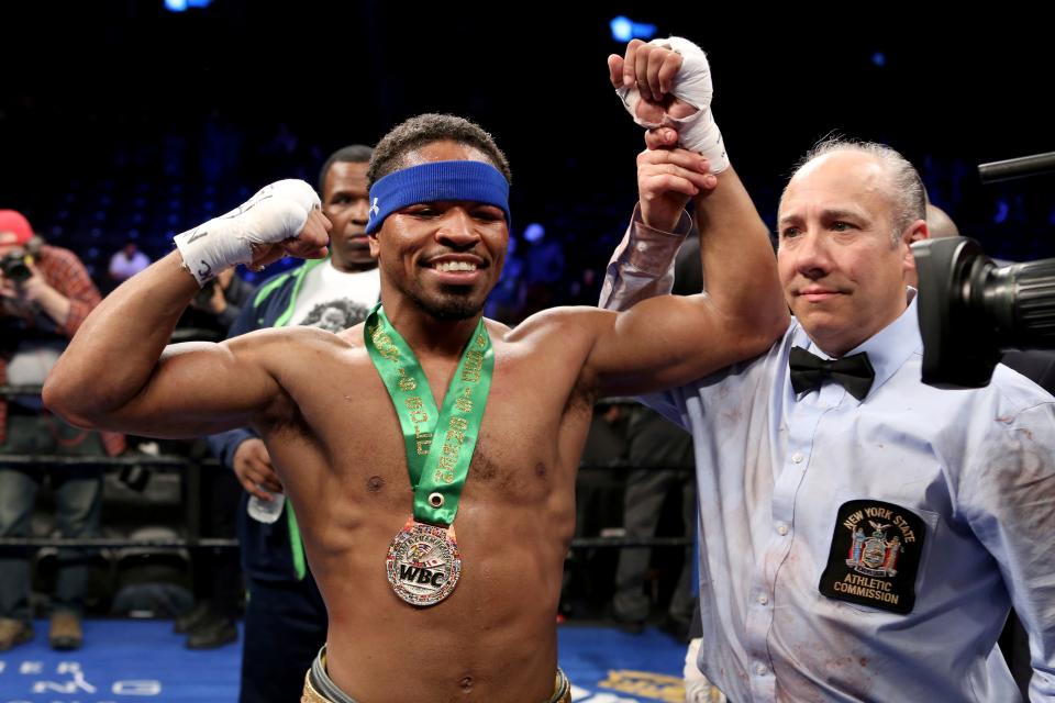 Shawn Porter celebrates after defeating Andre Berto during their welterweight fight on Saturday, April 22, 2017.