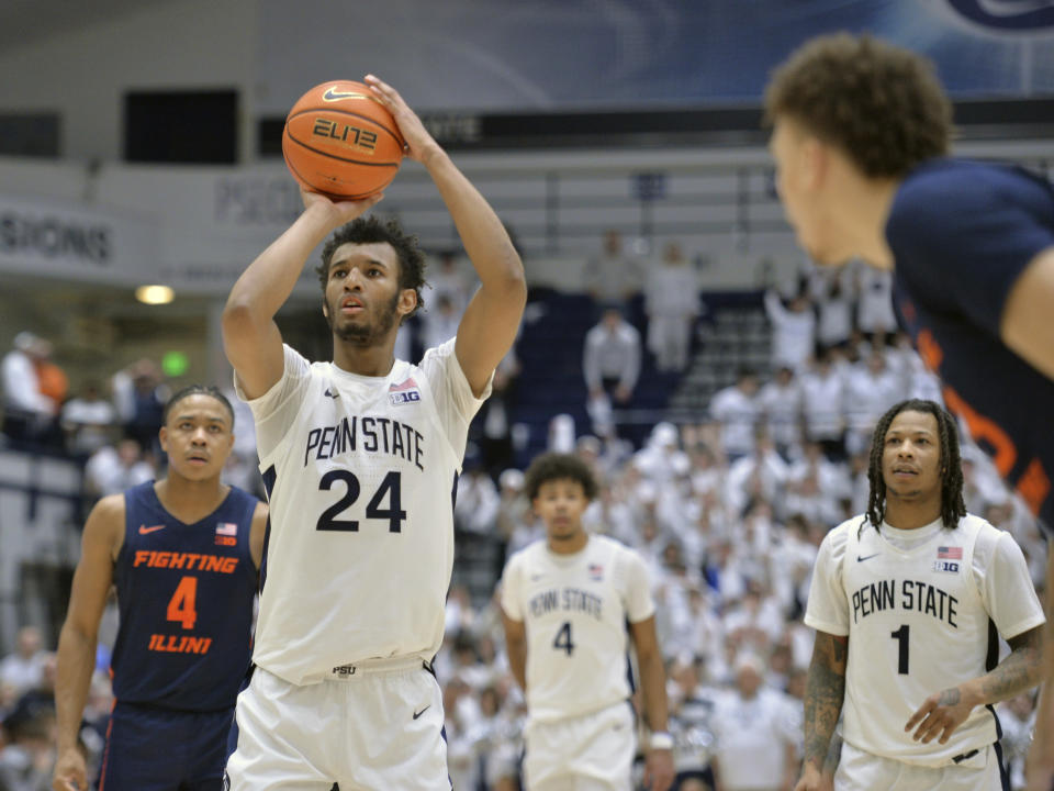Penn State's Zach Hicks shoots a free throw against Illinois near the enf of an an NCAA college basketball game Wednesday, Feb. 21, 2024, in State College, Pa. Hicks made three free throws. (AP Photo/Gary M. Baranec)