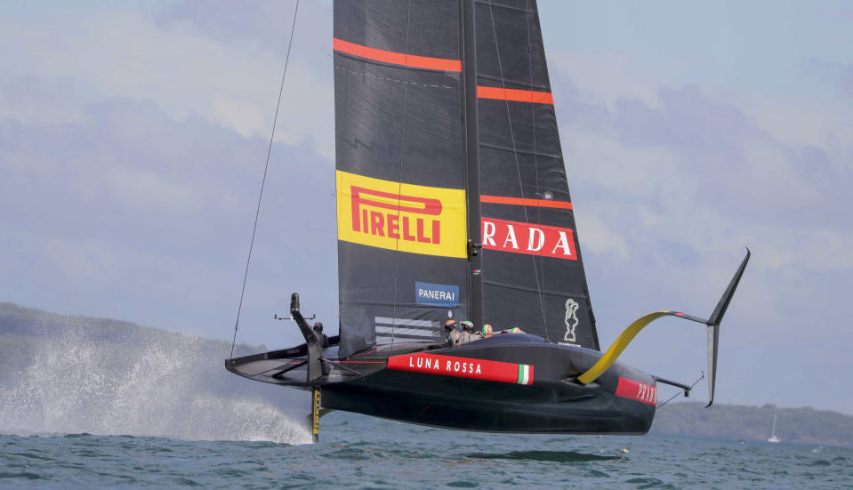 Italy's Luna Rossa races on the third day of racing of the America's Cup challenger series on Auckland's Waitemate Harbour, New Zealand, Sunday, Jan. 17, 2021. (Michael Craig/NZ Herald via AP)