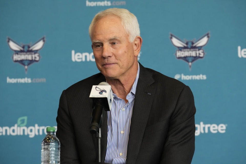 Jun 28, 2022; Charlotte, NC, USA; Charlotte Hornets general manager Mitch Kupchak answers media questions after announcing that Steve Clifford would return to coach the team at the Spectrum Center in Charlotte, NC.  Mandatory Credit: Jim Dedmon-USA TODAY Sports