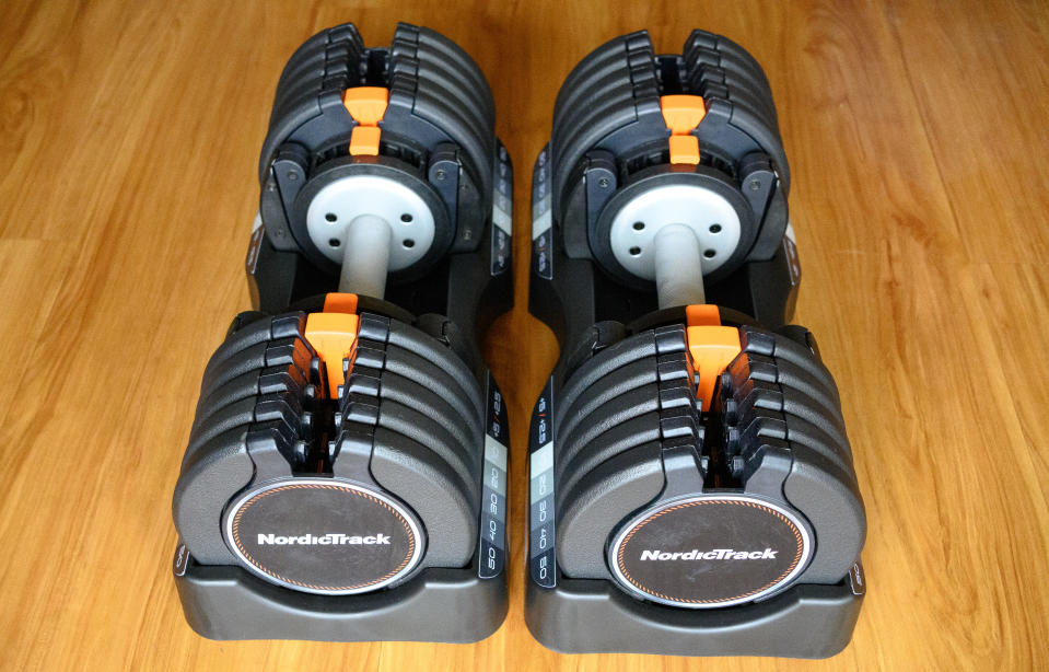 NordicTrack Select-a-Weight Adjustable Dumbbells in storage trays