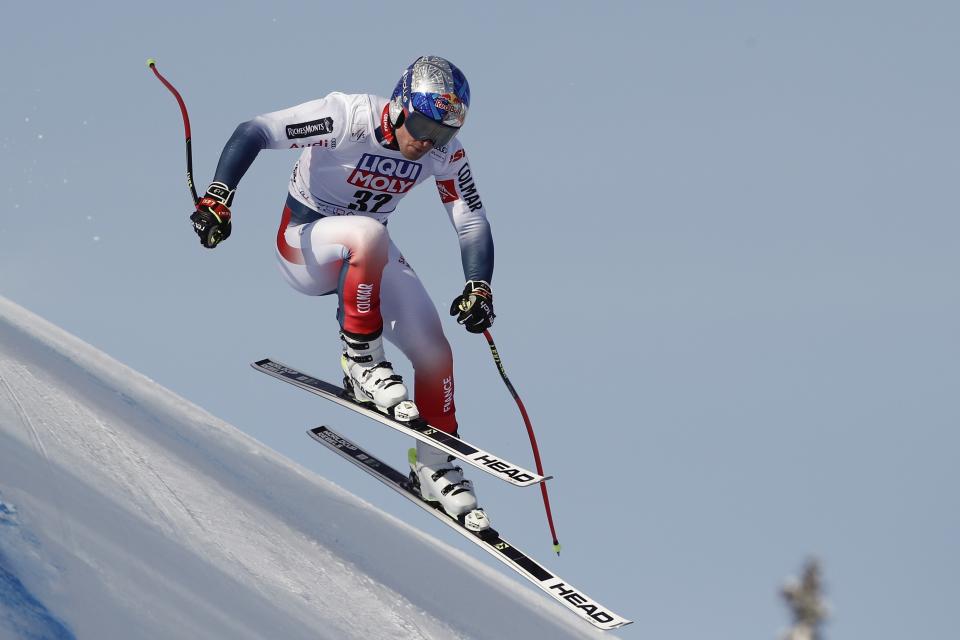 France's Alexis Pinturault speeds down the course during training for an alpine ski, men's World Cup downhill in Kvitfjell, Norway, Friday, March 6, 2020. (AP Photo/Gabriele Facciotti)