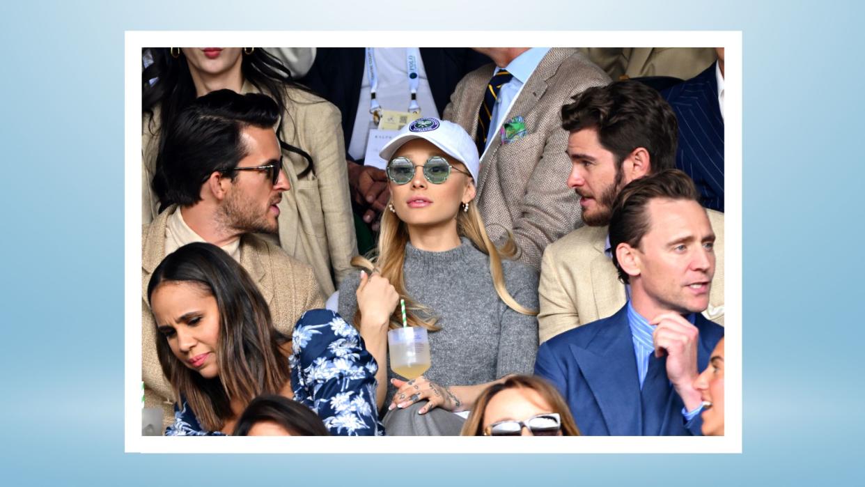  Is Ariana Grande still married? Pictured: Jonathan Bailey, Ariana Grande, Andrew Garfield and Tom Hiddleston watch Carlos Alcaraz vs Novak Djokovic in the Wimbledon 2023 men's final on Centre Court during day fourteen of the Wimbledon Tennis Championships at the All England Lawn Tennis and Croquet Club on July 16, 2023 in London, England 