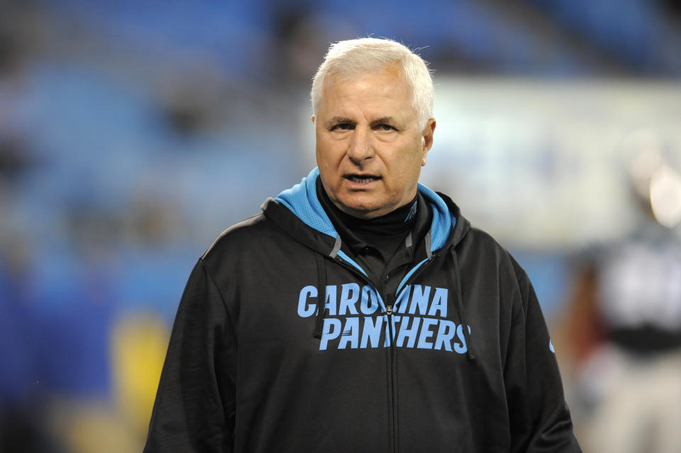 FILE - Then-Carolina Panthers offensive line coach John Matsko is shown prior to an NFL football game against the New Orleans Saints in Charlotte, N.C., Thursday, Oct. 30, 2014. The Washington Commanders have fired offensive line coach John Matsko, according to a person with knowledge of the decision. The person spoke to The Associated Press on condition of anonymity Tuesday, March 14, 2023, because the team had not announced the move. (AP Photo/Mike McCarn, File)